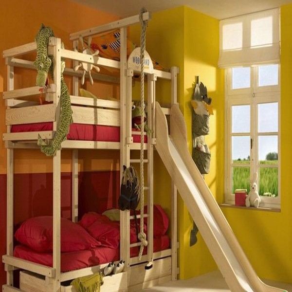 تخت خواب چوبی دو طبقه شیک دارای سرسره و نردبان