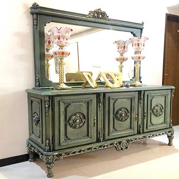 آیینه و کنسول با بدنه سبز چوبی