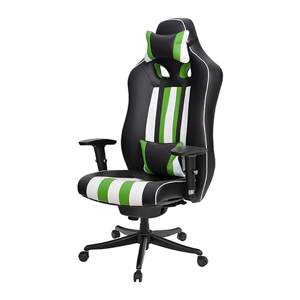 صندلی گیمینگ با روکش چرم سبز و مشکی با پایه های متحرک مشکی