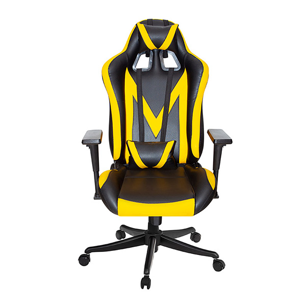 صندلی گیمینگ با روکش چرم زرد و مشکی با پایه متحرک مشکی