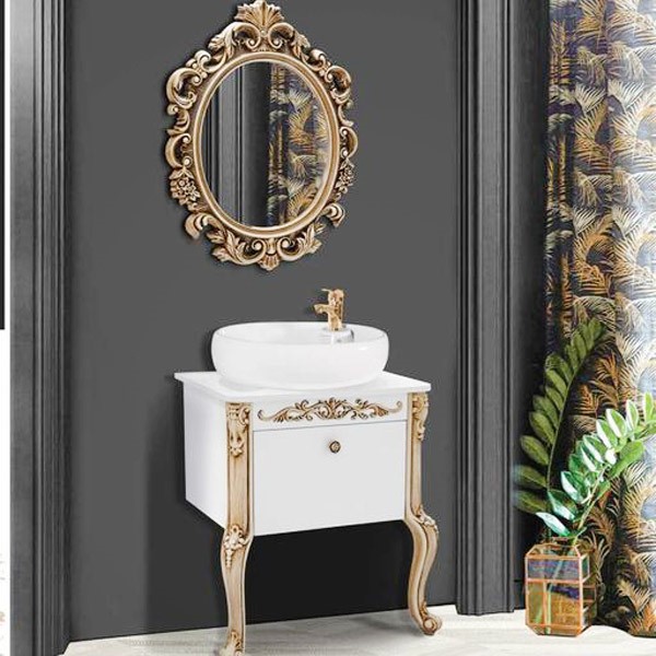 آینه و کابینت روشویی سفید طلایی