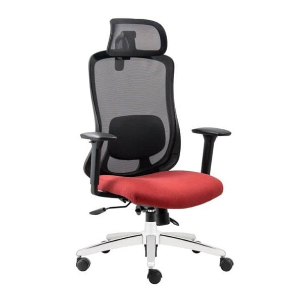 صندلی مدیریتی با نشیمن قرمز و پشتی توری مشکی
