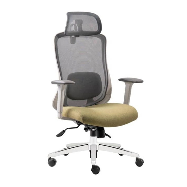 صندلی مدیریتی با نشیمن زرد و پشتی توری طوسی