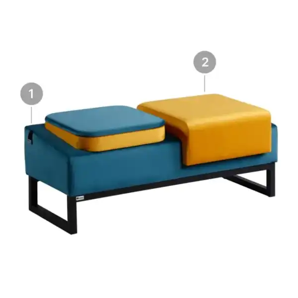 مبل اداری یک نفره با روکش چرم دو رنگ زرد و سرمهای با پایه فلزی مشکی