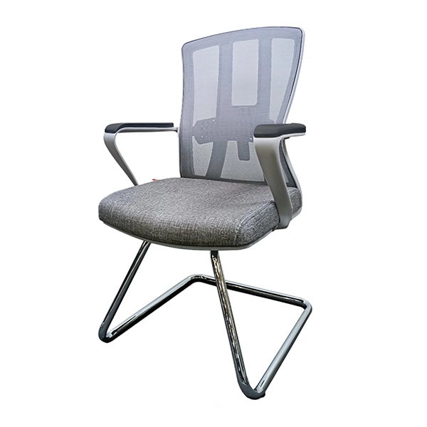 صندلی پشت توری با فریم طوسی و روکش پارچه طوسی با دسته و پایه ی ثابت