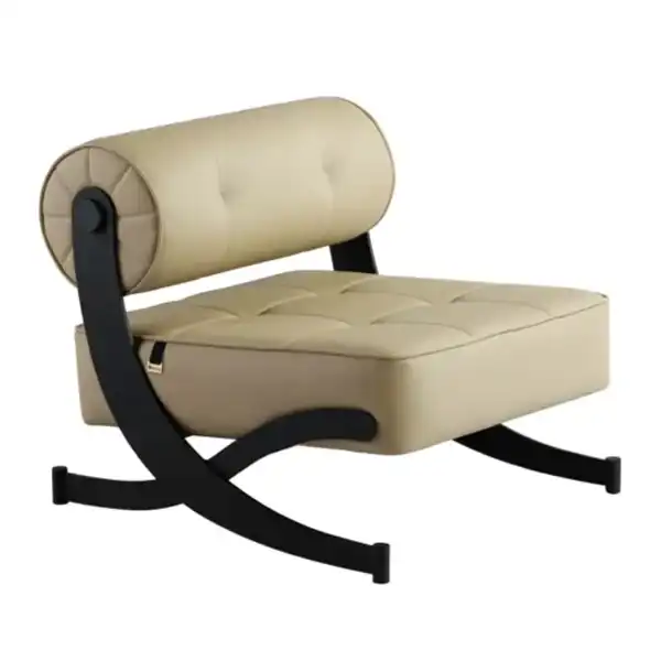 مبل یک نفره بدون دسته با روکش چرم کرم و پایه فلزی مشکی