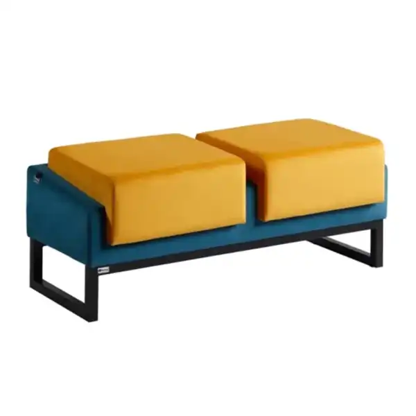 مبل اداری دو نفره با روکش چرم دو رنگ زرد و سرمهای با پایه فلزی مشکی