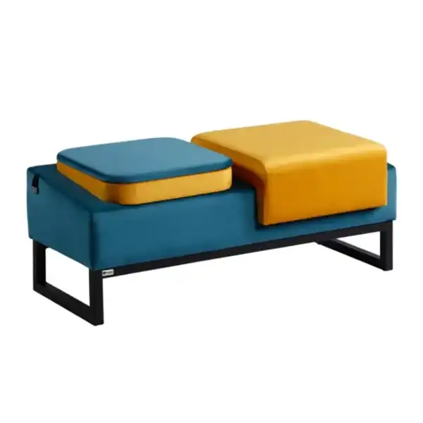 مبل اداری یک نفره با روکش چرم دو رنگ زرد و سرمه‌ای با پایه فلزی مشکی