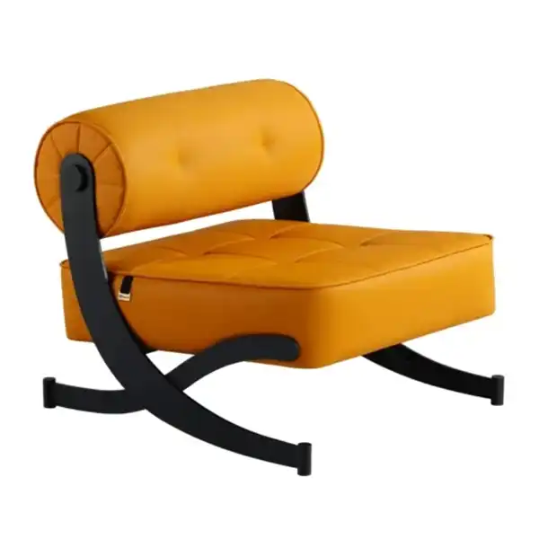 مبل یک نفره بدون دسته با روکش چرم زرد رنگ و پایه فلزی مشکی
