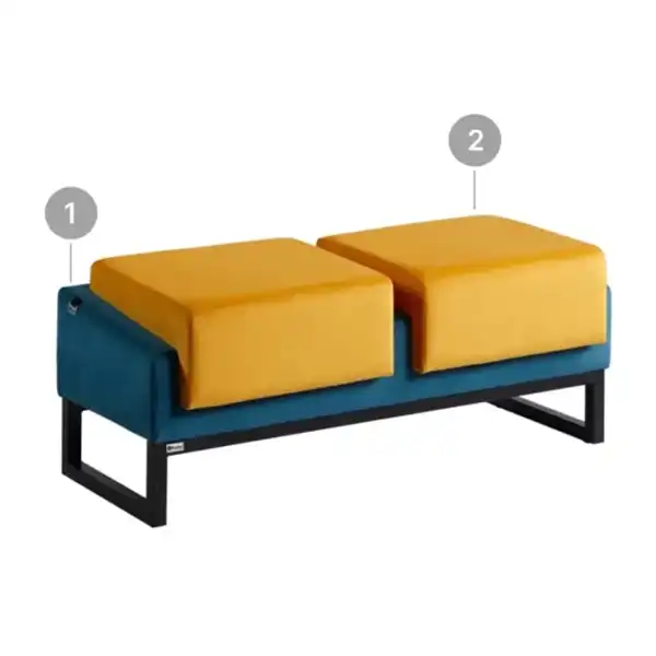 مبل اداری دو نفره با روکش چرم دو رنگ زرد و سرمهای با پایه فلزی مشکی