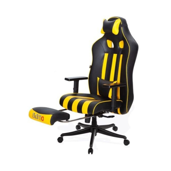 صندلی گیمینگ با روکش چرم مشکی و زرد و زیرپایی با پایه متحرک مشکی