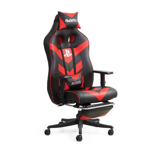 صندلی گیمینگ با روکش چرم مشکی و قرمز و زیرپایی با پایه متحرک مشکی