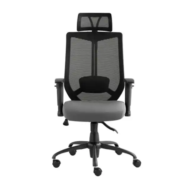 صندلی مدیریتی با تکیه گاه توری و قابلیت تنظیم ارتفاع و انحنا کمر از روبه رو