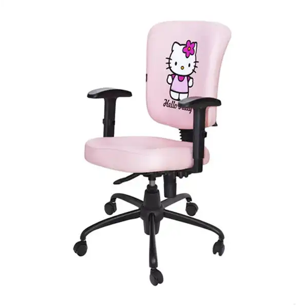 صندلی کامپیوتر کودک و نوجوان با رنگ صورتی و طرح هلوکیتی پایه متحرک