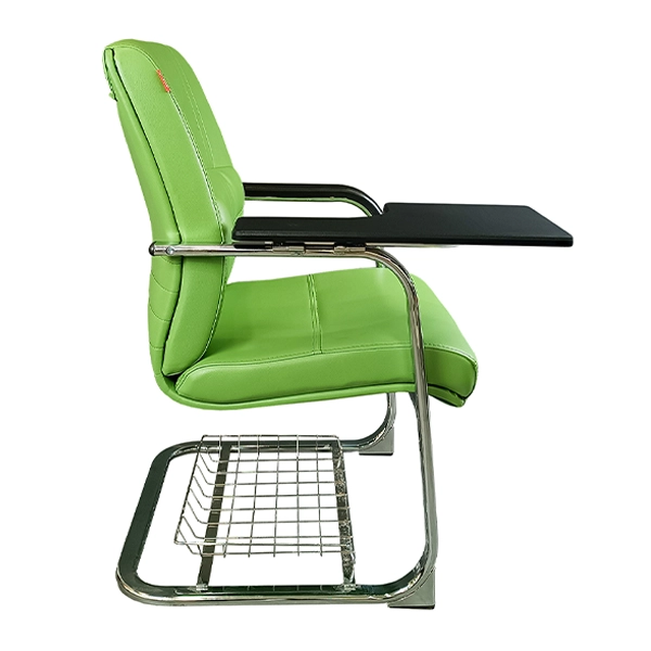 صندلی دسته تحریر دار سبز با سبد زیر صندلی از نمای بغل