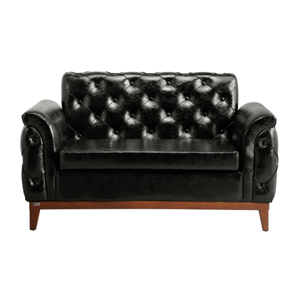 مبل اداری دو نفره با روکش چرم مشکی و پایه چوبی