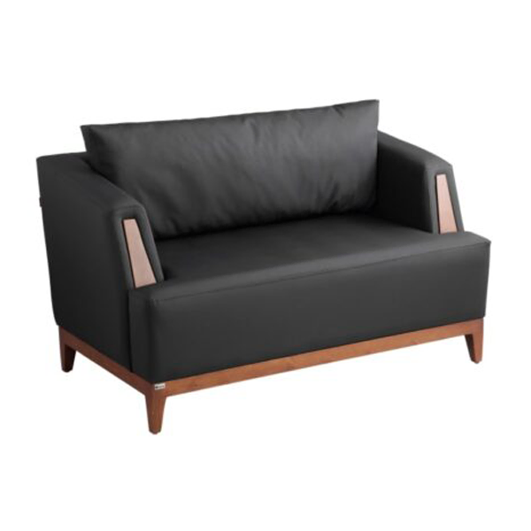 مبل اداری دو نفره با روکش چرم مشکی و پایههای چوبی