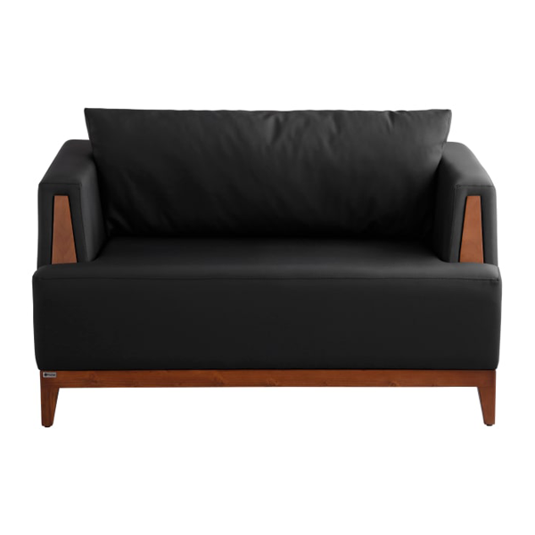 مبل اداری دو نفره با روکش چرم مشکی و پایه‌های چوبی