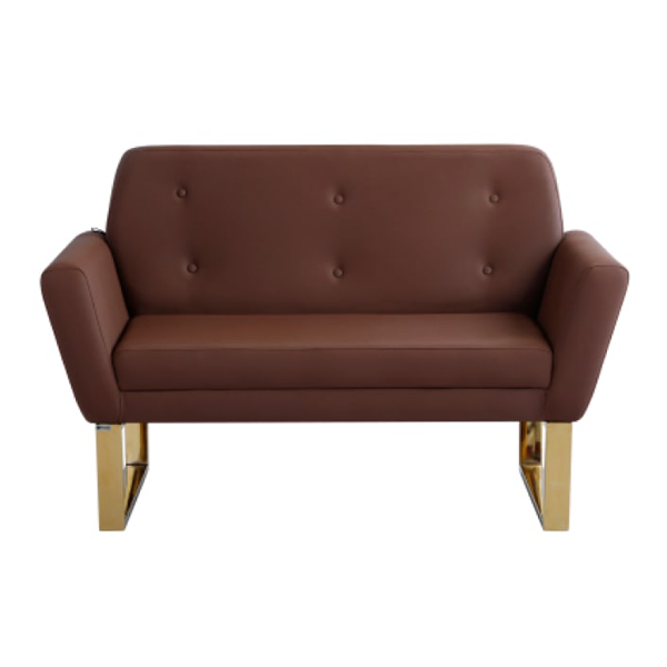 مبل اداری دو نفره با روکش چرم قهوهای و پایه طلایی