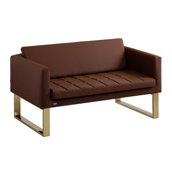 مبل اداری دو نفره با روکش چرم قهوه‌ای و پایه طلایی