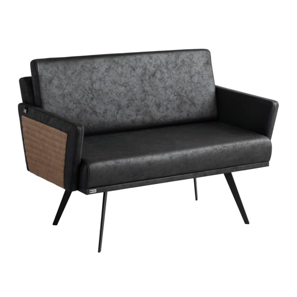 مبل اداری دو نفره با روکش چرم مشکی و قهوهای با پایه فلزی مشکی