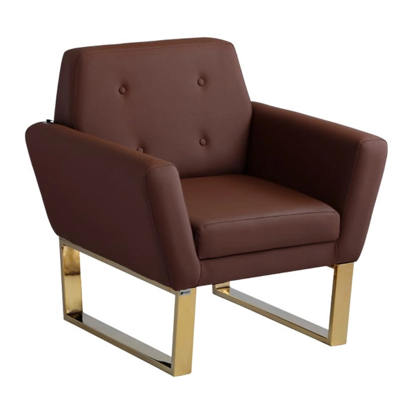 مبل اداری یک نفره با روکش چرم قهوه‌ای و پایه طلایی