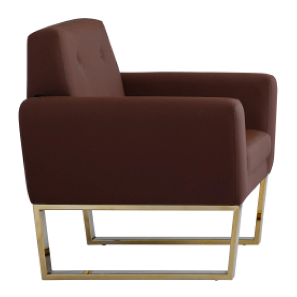 مبل اداری یک نفره با روکش چرم قهوهای و پایه طلایی