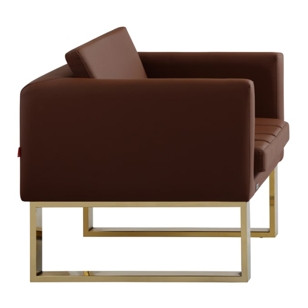 مبل اداری یک نفره با روکش چرم قهوه‌ای و پایه طلایی