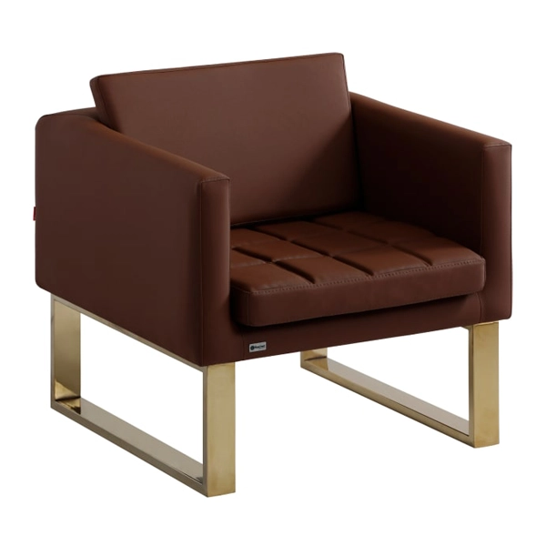 مبل اداری یک نفره با روکش چرم قهوه‌ای و پایه طلایی