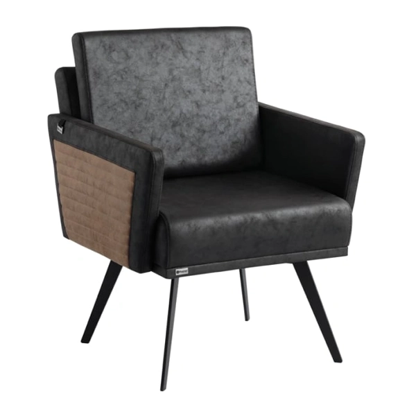 مبل اداری یک نفره با روکش چرم مشکی و قهوهای و پایه فلز مشکی