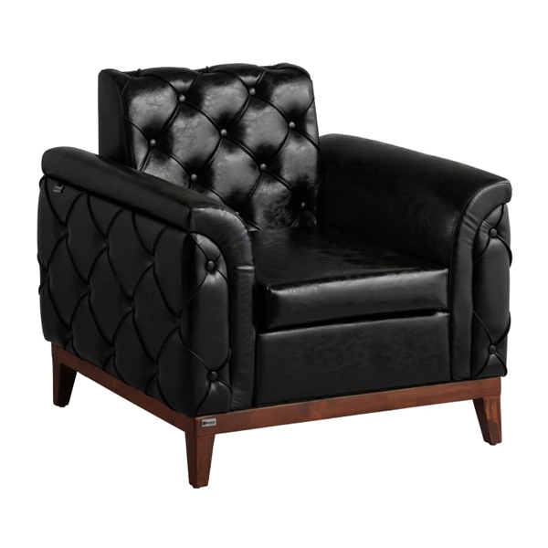 مبل اداری یک نفره با روکش چرم مشکی و پایه چوبی