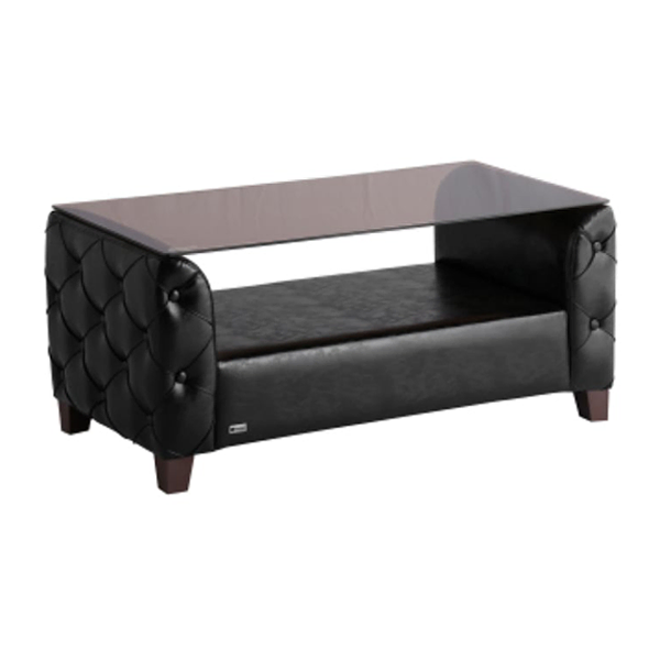 میز جلو مبلی اداری با روکش چرم مشکی و صفحه شیشه‌ای