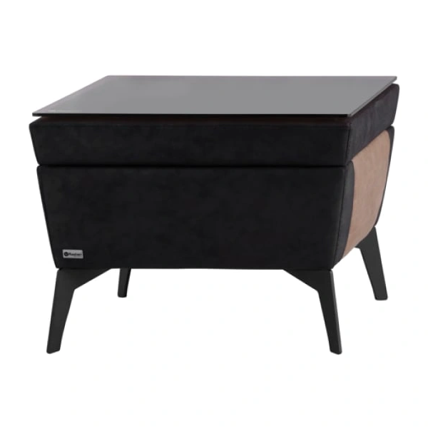 میز عسلی اداری با روکش چرم مشکی و قهوهای با صفحه شیشهای